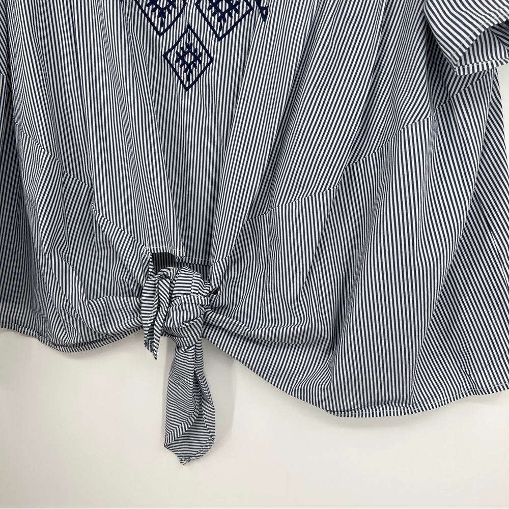 Lane Bryant Embroidered Tie-Front Pinstriped Back Button Boxy Blue White Shirt - Picture 5 of 15